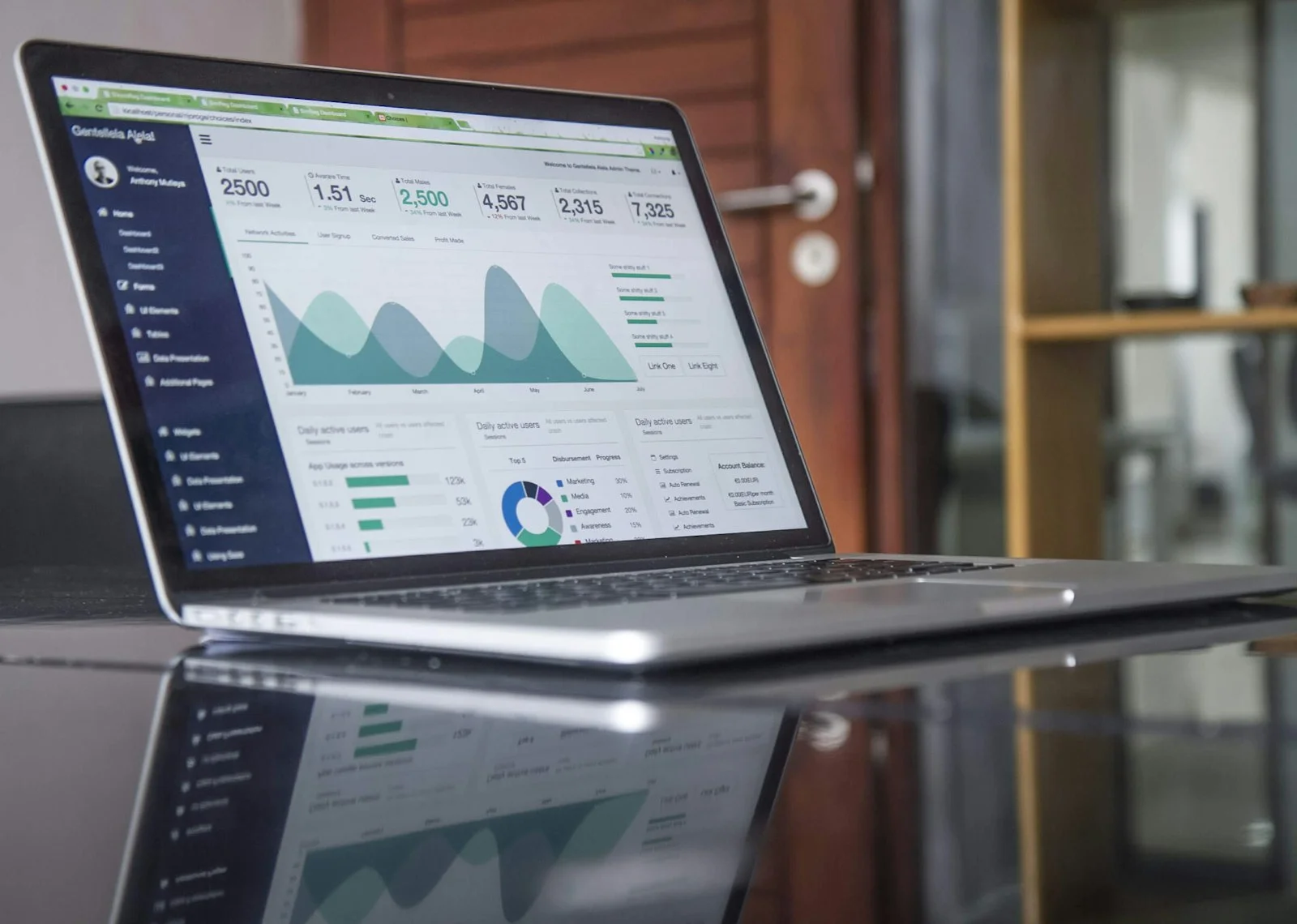 Handwerker am Laptop prüft eine Google-Ads-Kampagne, im Hintergrund eine Werkstatt