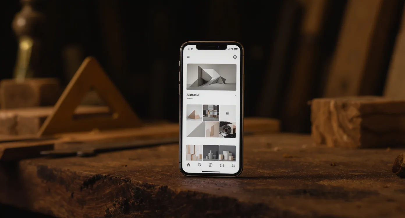 Handwerker prüft auf dem Smartphone die eigene Website, im Hintergrund die Werkstatt