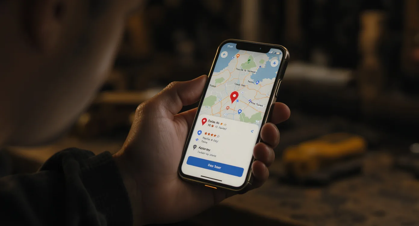 Smartphone mit Google-Suche nach einem Handwerksbetrieb, im Hintergrund eine Schweizer Werkstatt