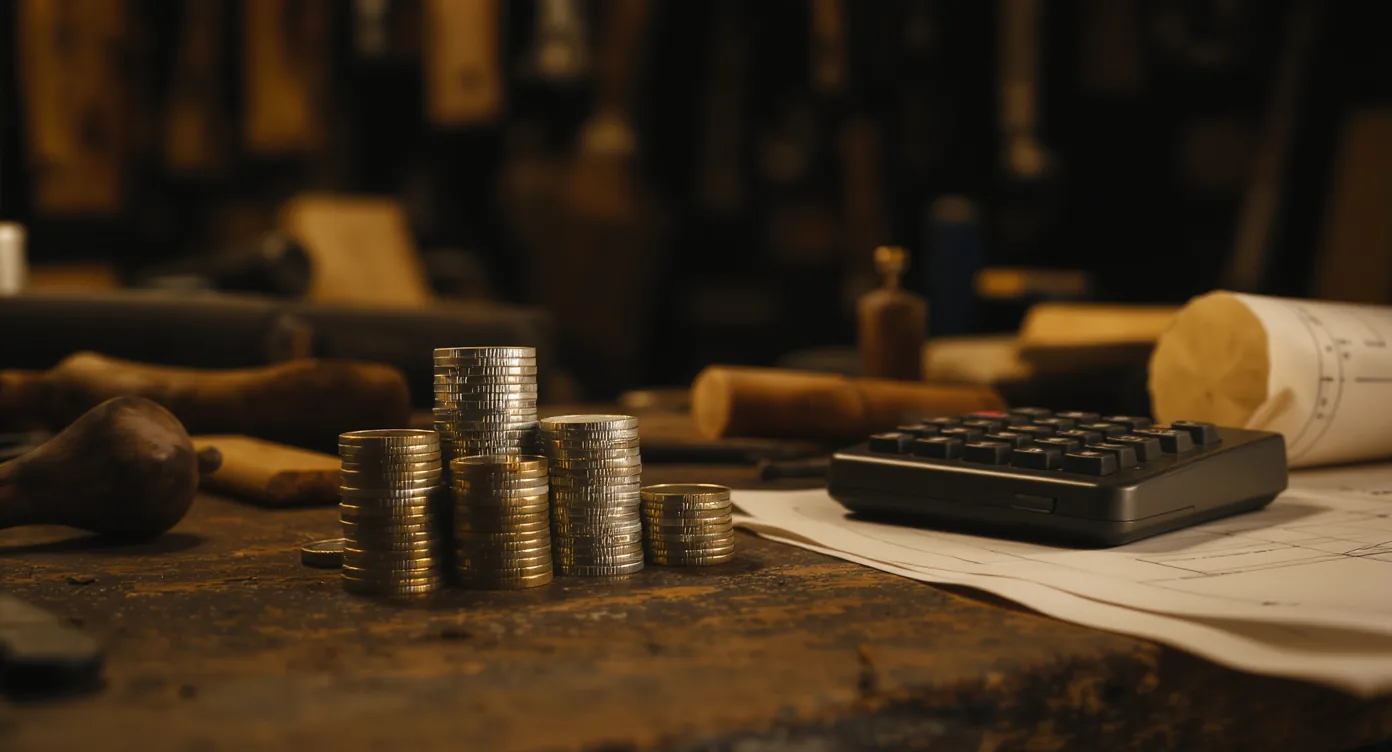Münzstapel, Taschenrechner und Baupläne auf einer Werkbank, symbolisch für SEO-Kosten in der Schweiz