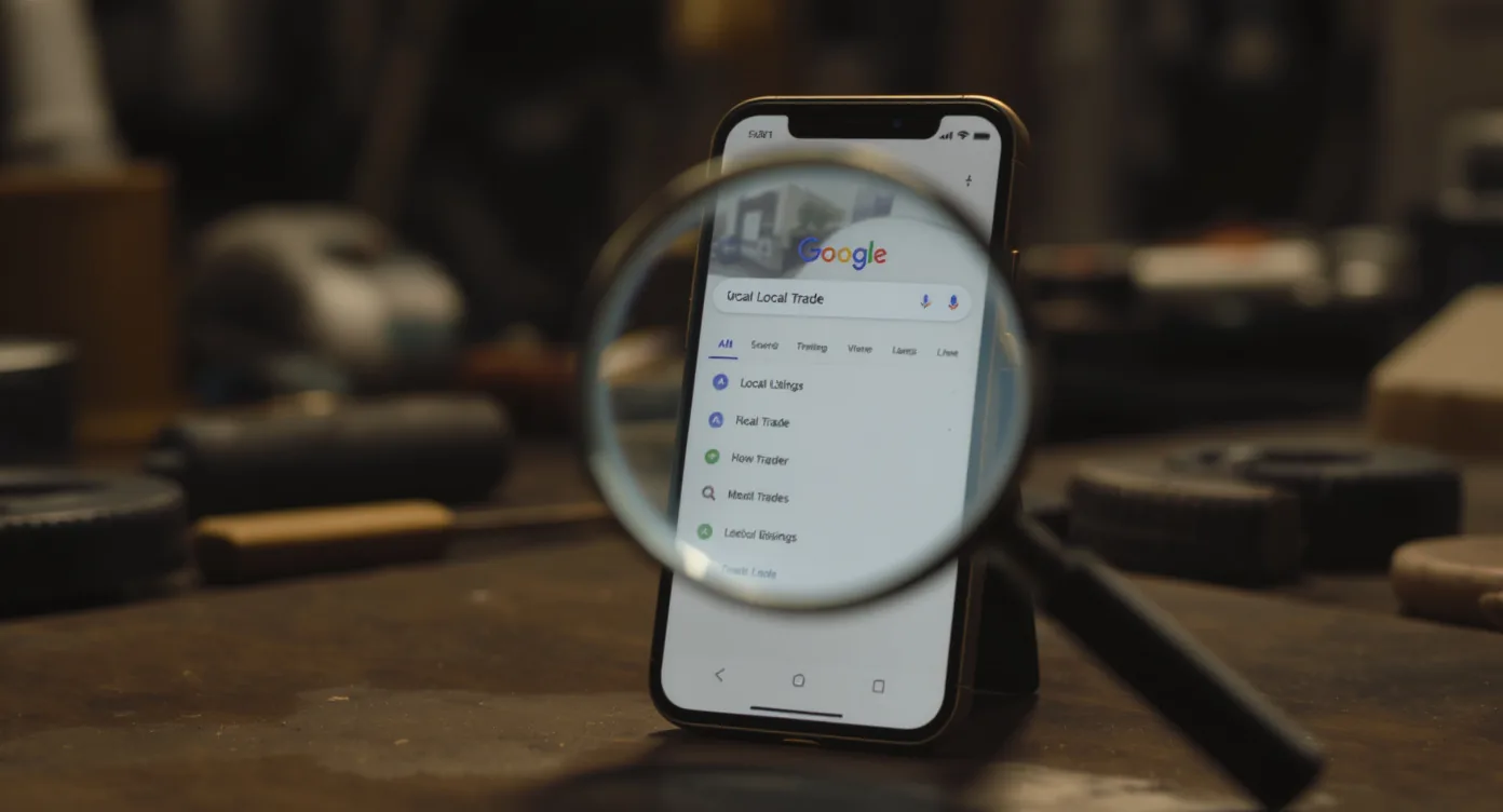 Smartphone auf einer Werkbank zeigt eine Google-Suche, in der der eigene Handwerksbetrieb nicht in den Ergebnissen auftaucht
